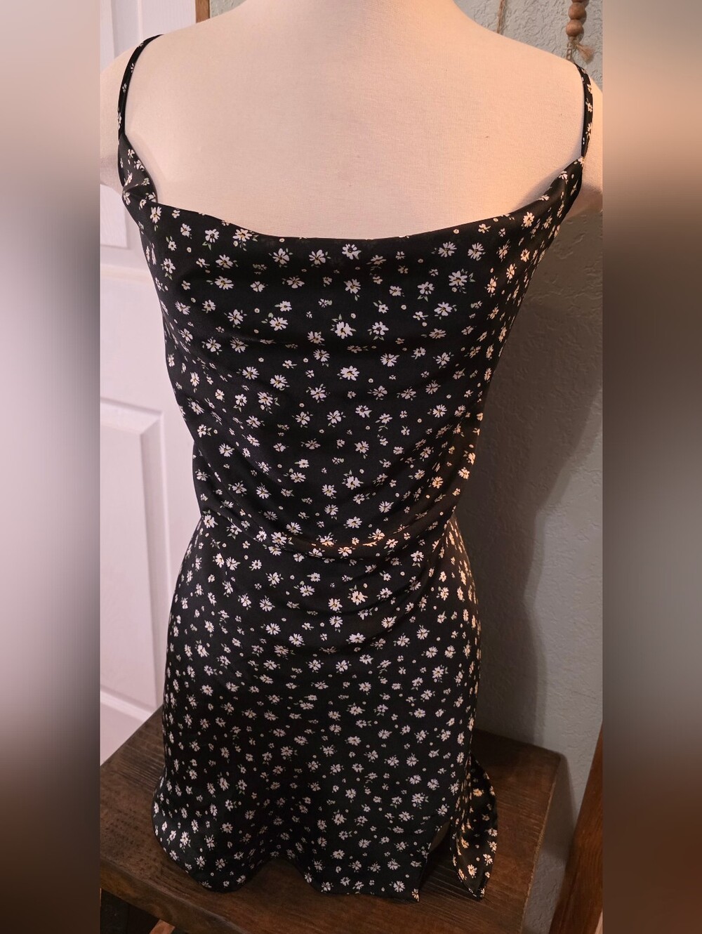 Large RUE21 Black Floral Satin Sleeveless Slip Dress Cowl Neckline Summer Dress